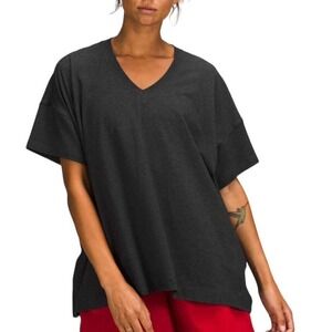 Lululemon T Shirt Women Size 12 Heather Black Side Tie V-Neck Oversized Tee